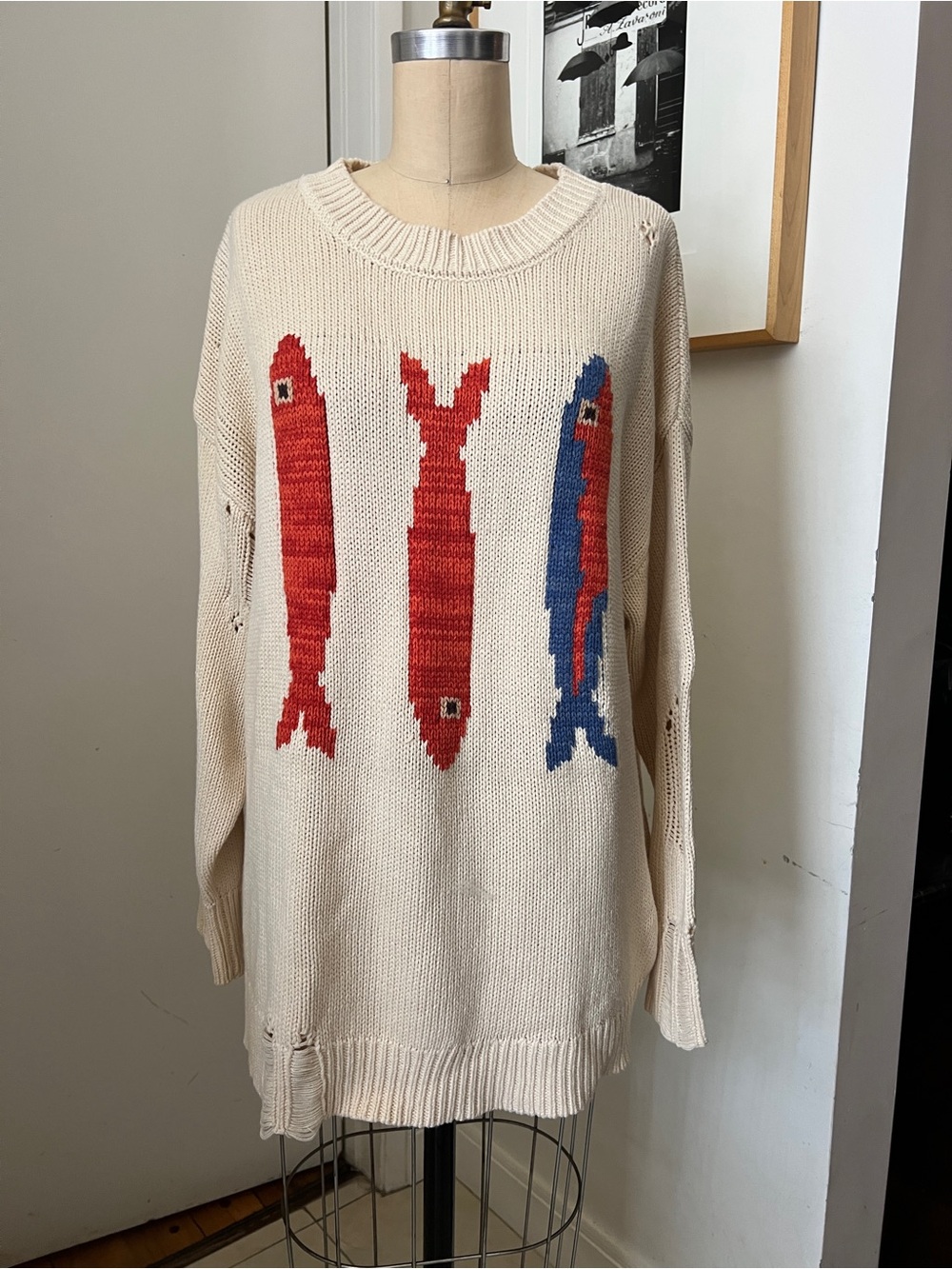 BDG Oversize Cream Crewneck Fish Sweater